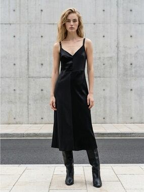 Zara Black Satin-Panel Slip Midi Dress